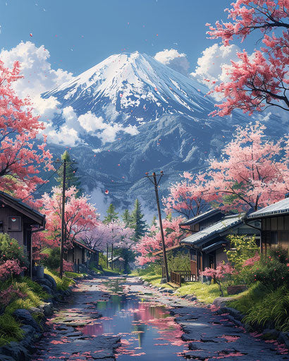 Grandeur of Mt. Fuji, beauty, cherry blossoms, illustration 4:5