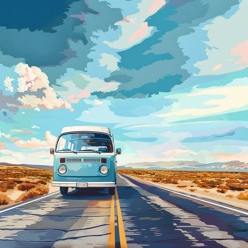 Realistic road trip clip art with flat blue background and soft focus