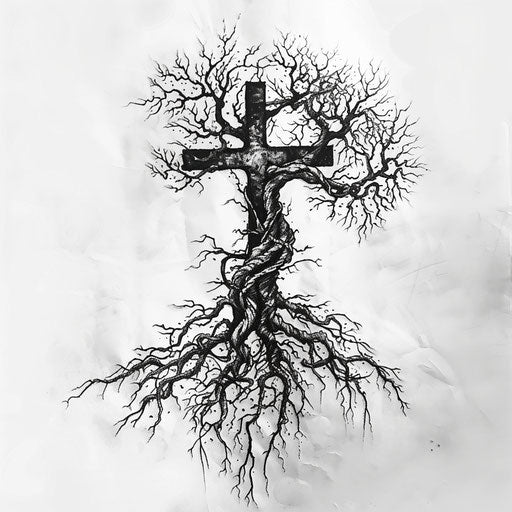 Strength cross tattoo merging with a tree of life