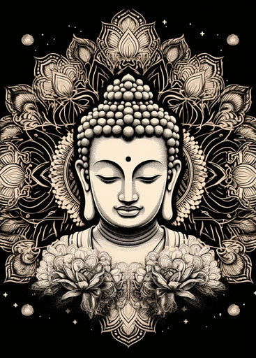 traditional tattoo design with colorful background and buddha print