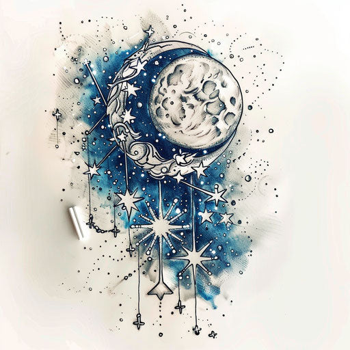 Sketch of Cancer constellation tattoo with shimmering silver accents