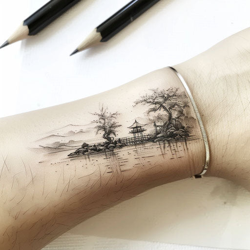 Serene flat tattoo sketch of a wrist band with a zen garden theme
