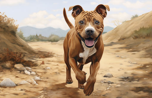 A dog walking on gravel, joyful and optimistic style