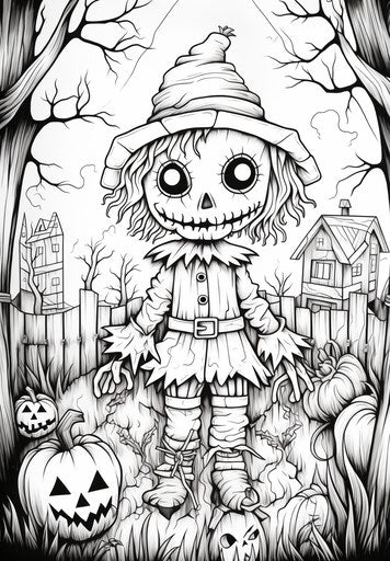 Scarecrow coloring page for children, toyen style, monochromatic color schemes, zigzags, black and white drawings, primitivist elements