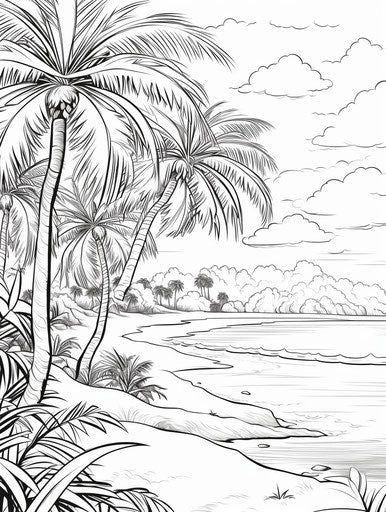 Island and beach with palm trees, ink-wash landscape style
