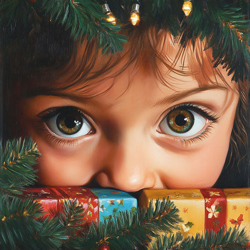 A child's eyes wide with excitement at a colorful Christmas present