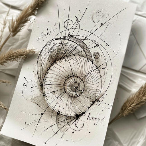 Contemporary tattoo sketch of a Fibonacci spiral with a minimalist aesthetic and bold outlines