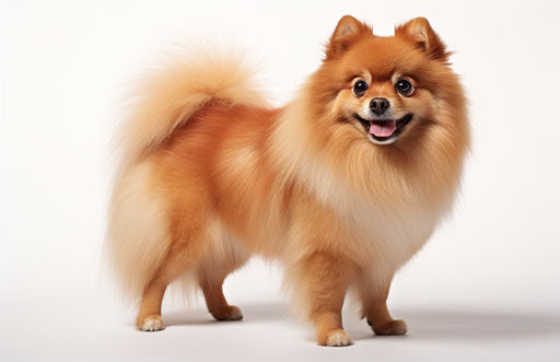 Small dog on white background, light orange and light maroon tones