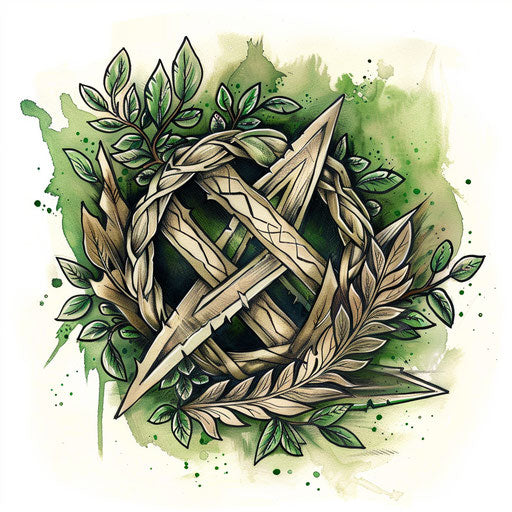Flat eco-friendly tattoo sketch of a rune surrounded by green leaves and earthy textures in natural greens