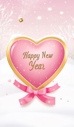 Pink and gold heart with ribbon on snowy white background