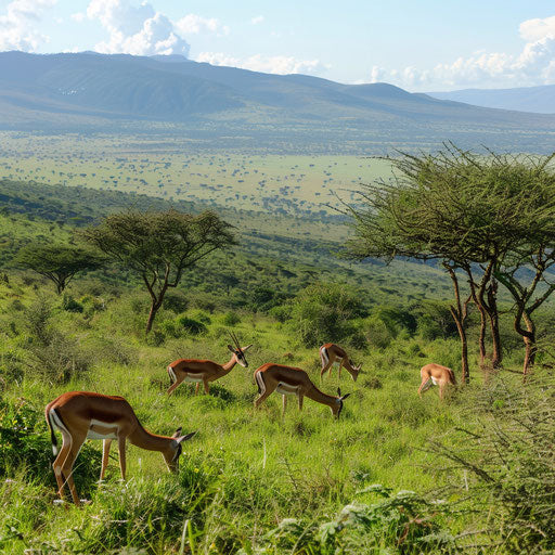 Family of gazelles grazing on green slopes