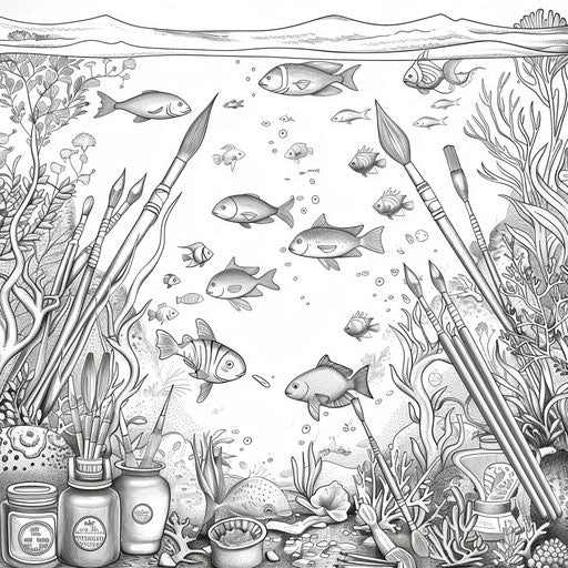 A whimsical underwater scene where fish are painting coral reefs. Coloring book page