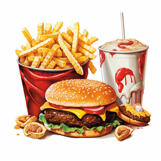Depiction of unhealthy snacks in the Chiaroscuro Art style, on white backdrop