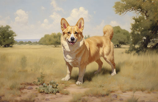 Dog standing in grassy park, light maroon and light gold style