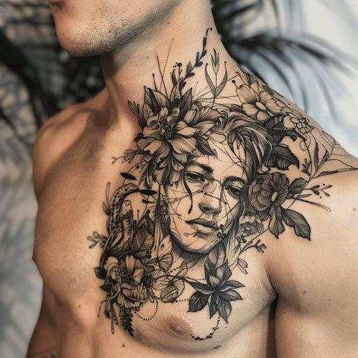 Shoulder tattoos for men with surreal dreamscapes and fantastical creatures
