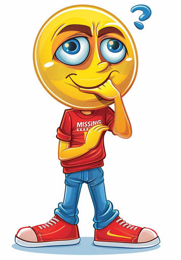 Character 'T MISSING' thinking with red shoes