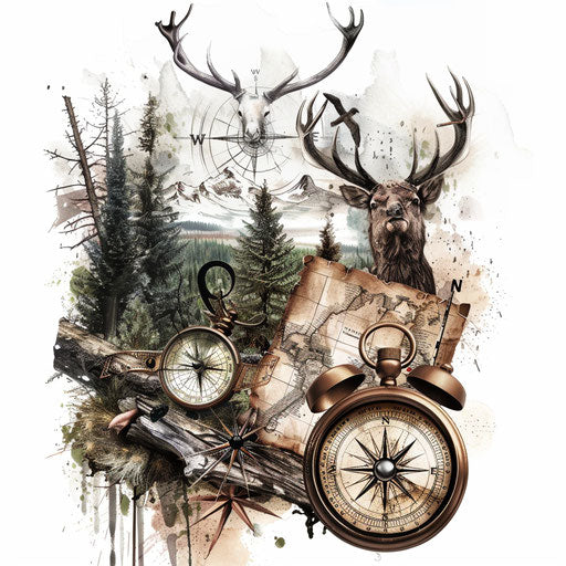 Hunting tattoo with compass, map, and forest elements on white canvas