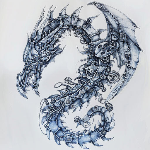 Detailed mechanical dragon tattoo design with gears and metal plates