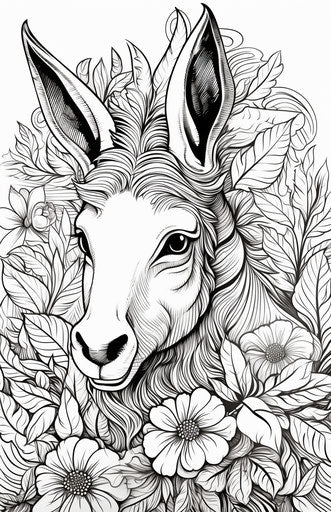 Cute donkey coloring page, in the style of comic art, junglepunk 11:17