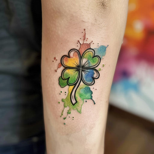 Minimalist black clover tattoo with watercolor splash background