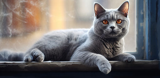 Blue cat sitting on indoor window sill in modern style