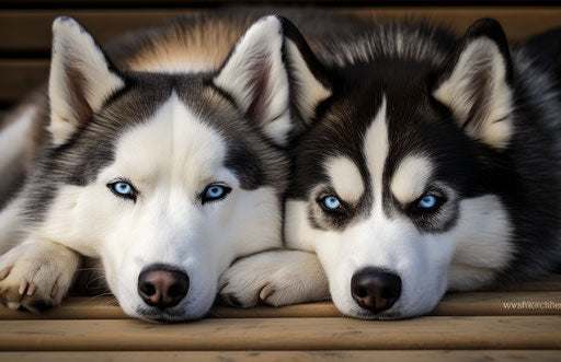Two Siberian huskies laying down on a walkway