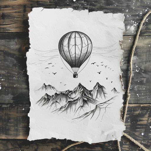 Hot air balloon floating over mountain range