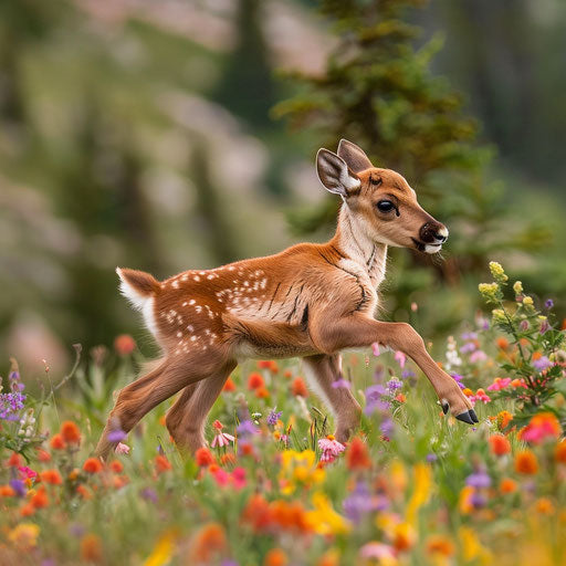 Young woodland caribou taking first steps in field of wildflowers