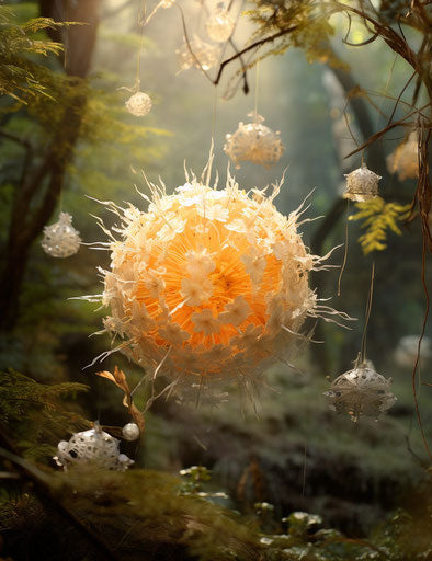 Orange floral explosions hanging from leaves in the forest