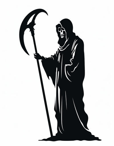The Grim Reaper in black and white with a scythe on the right side