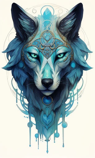 Black wolf tattoo design, ancient Egypt style, colorful caricature