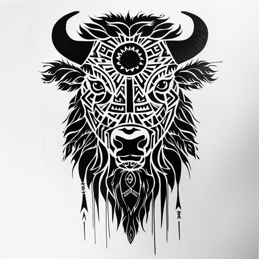 Bold flat tattoo sketch of a bison head with tribal motifs in black and white