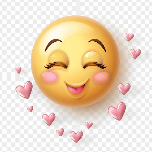 Kiss emoji clipart, soft yellow smiley face with closed eyes and small pink hearts around