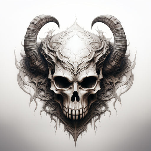 Elven skull with thick horns, demonic photo style