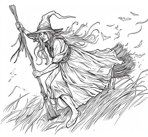 Witch on a broom, captivating coloring page, stencils, line drawings