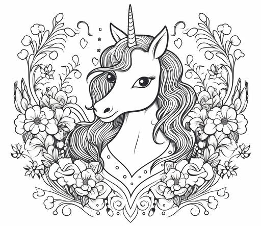 Cute unicorn coloring pages with hearts in precisionist style