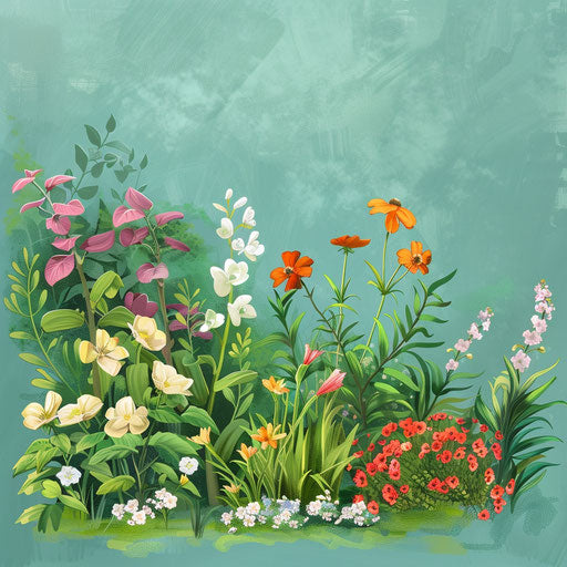 Realistic garden clipart on serene flat aqua background
