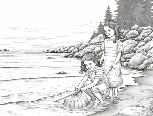 Black and white coloring pages for kids, sheets by color, summertime coloring sheets, in the style of muted seascapes, playful and whimsical scenes 4:3