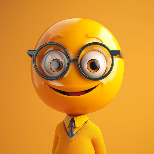 Smiling yellow emotive character with shiny glasses
