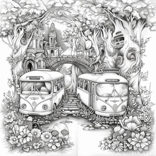 Magical forest with enchanted buses, Gennady Spirin coloring style