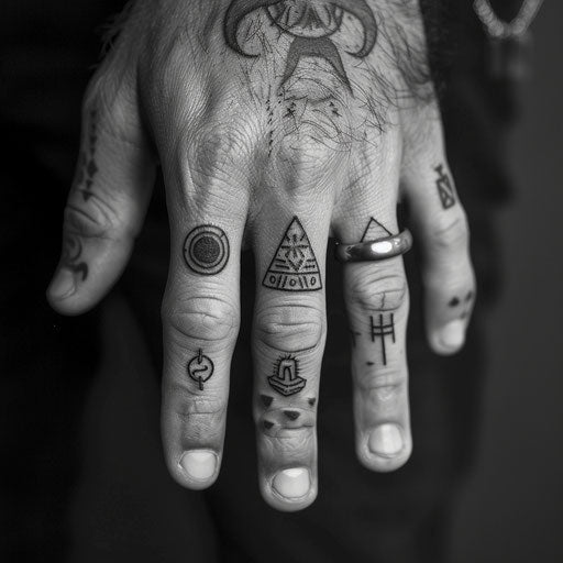 Men's finger tattoos in the style of Ami James featuring bold minimalist symbols