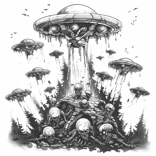 Eerie alien abduction with UFOs, horror tattoo artwork on white backdrop