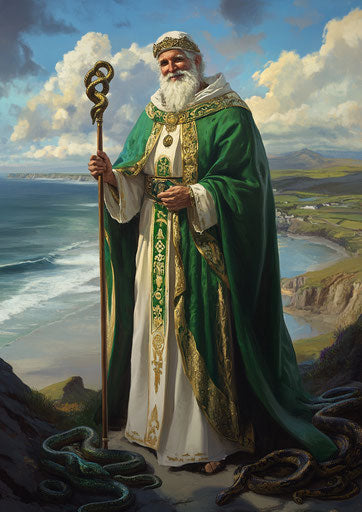 Smiling Saint Patrick with snakes on the coast of Ireland