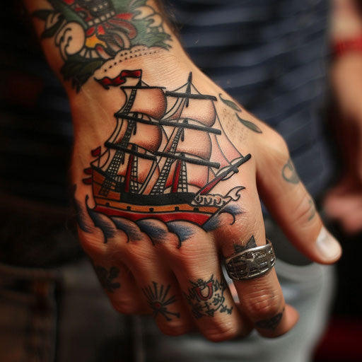 Small hand tattoos of a pirate ship, Sailor Jerry style