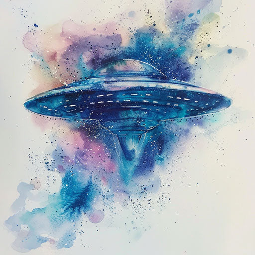 Watercolor UFO tattoo design, blending blues and purples