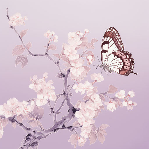 Butterfly on flowery branch, flowing silhouettes style, Japanese simplicity, soft compositions