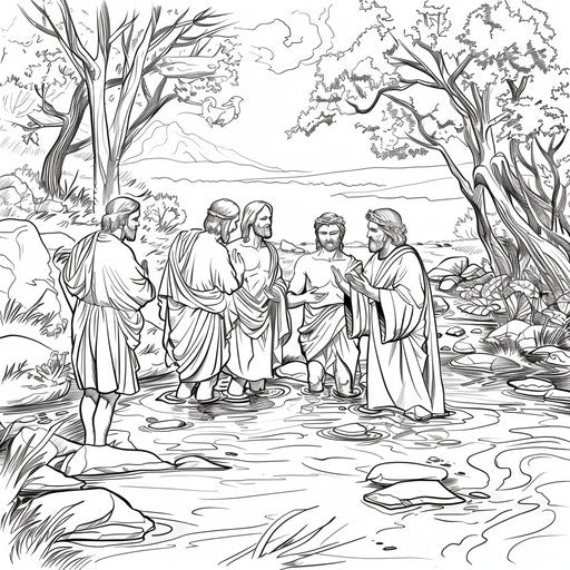 Scene of Jesus' baptism in the Jordan River. Coloring page