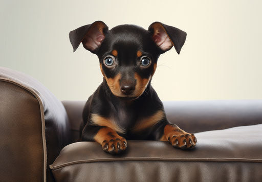 Black and brown miniature pinscher puppy on a white couch