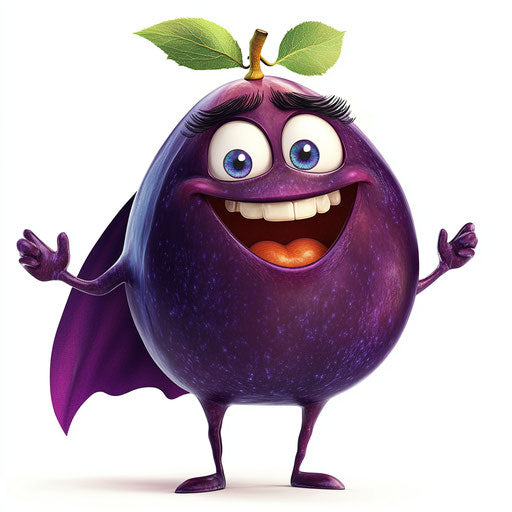 Humorous caricature of a plum with human characteristics