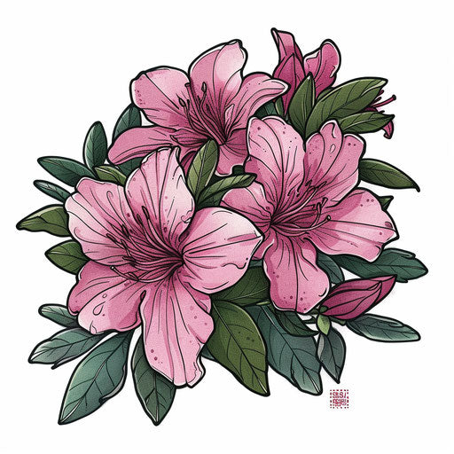 Colorful Japanese azalea tattoo illustration on white background